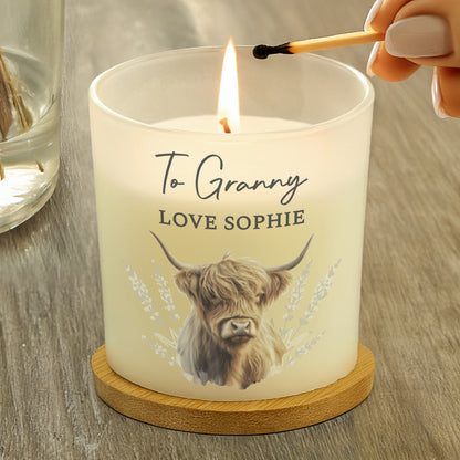 Personalised Highland Cow Frosted Glass Candle – Vanilla Scented Gift - image 3