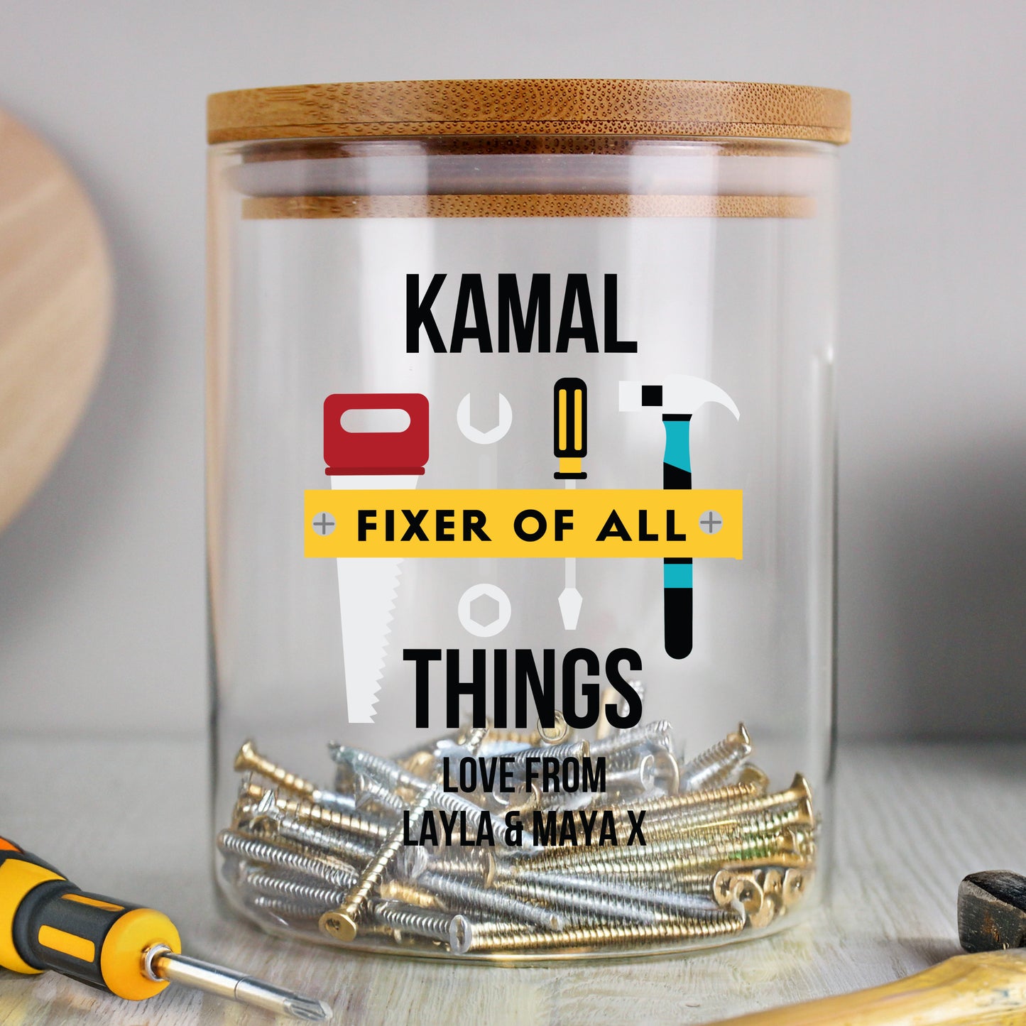 Personalised Fixer of All Things Glass Storage Jar – Dad DIY Gift
