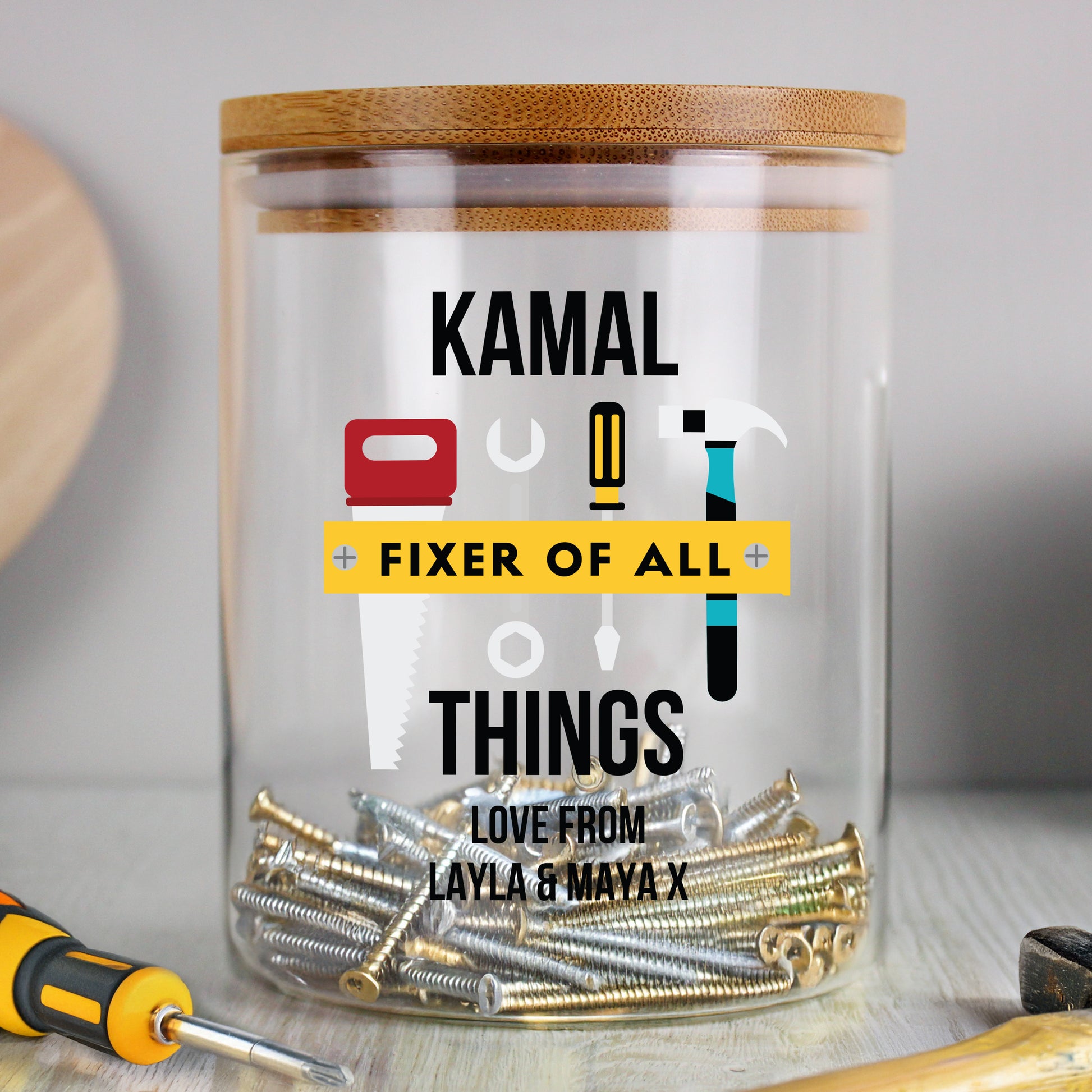 Personalised Fixer of All Things Glass Storage Jar – Dad DIY Gift