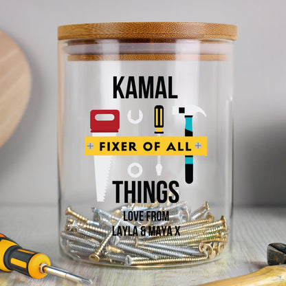 Personalised Fixer of All Things Glass Storage Jar – Dad DIY Gift