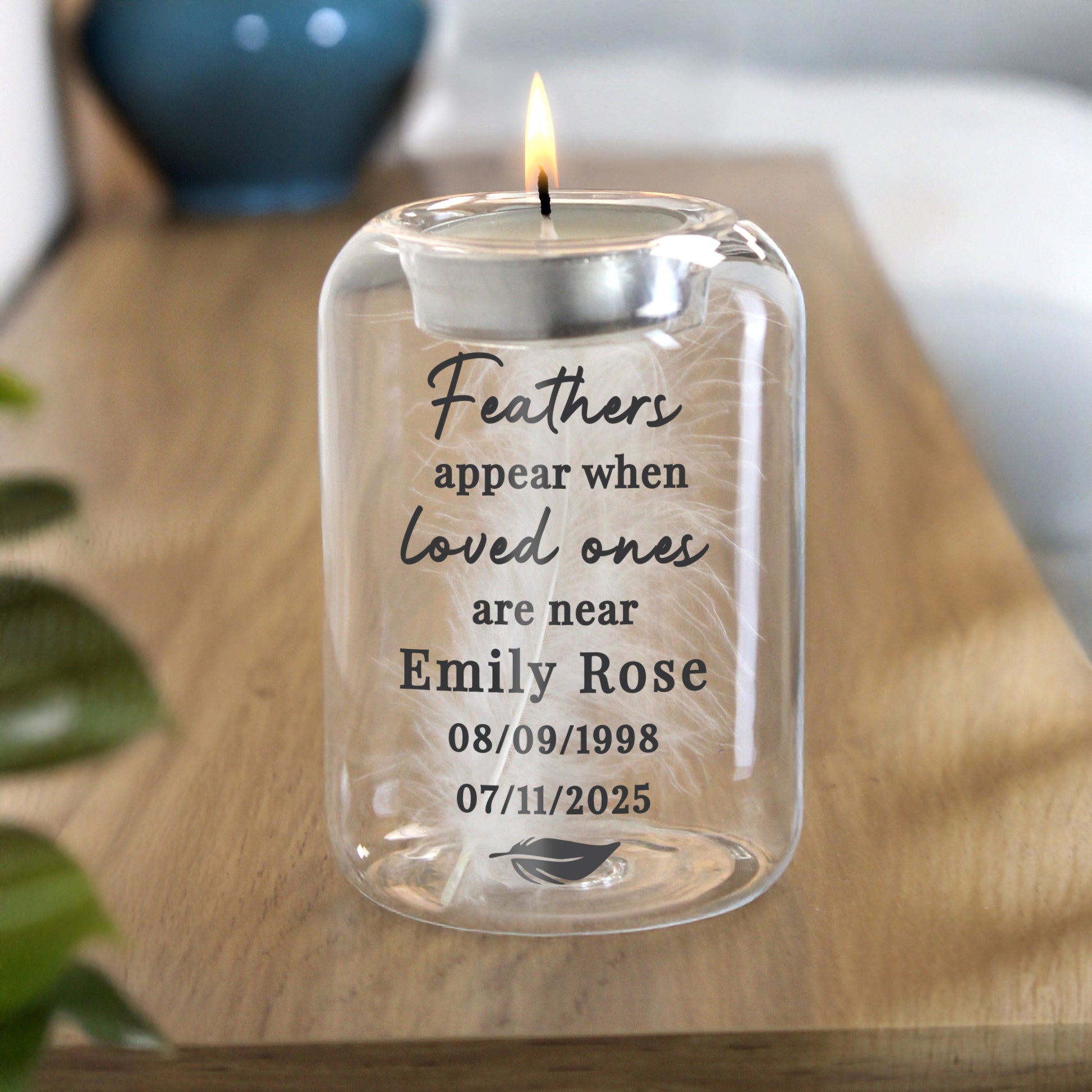 Personalised Loved Ones Memorial Feather Glass Tealight Holder – Bereavement Gift