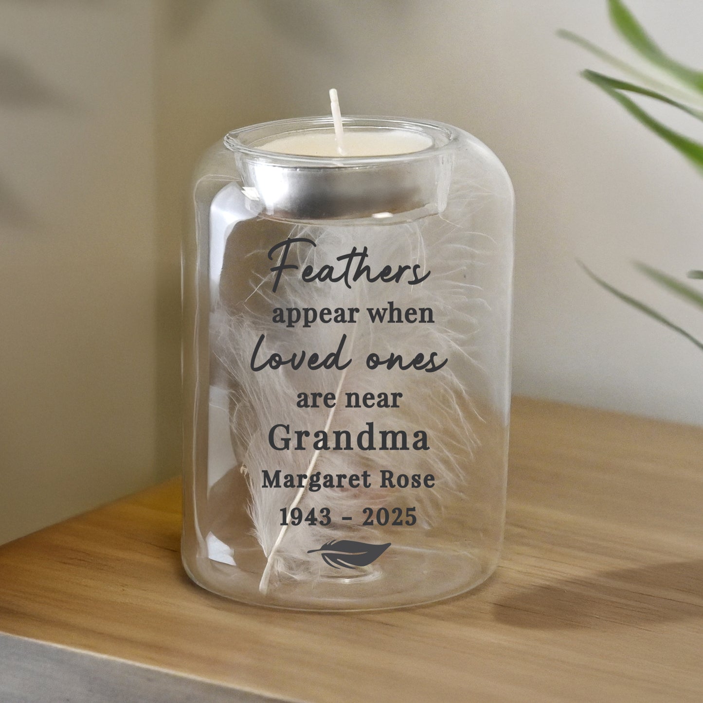 Personalised Loved Ones Memorial Feather Tealight Holder – Bereavement Gift - image 2