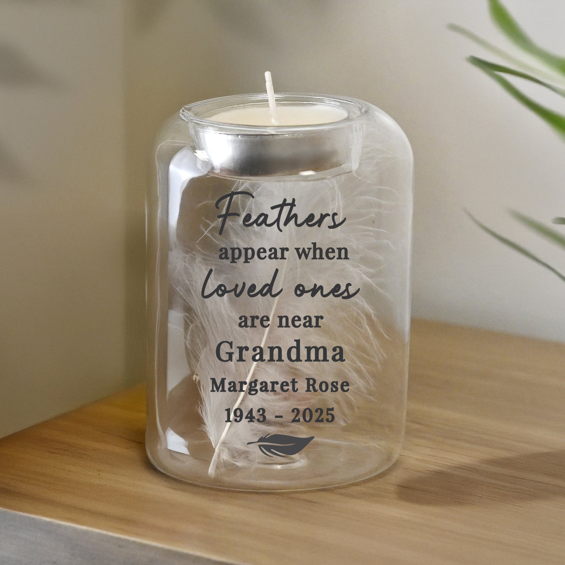 Personalised Loved Ones Memorial Feather Tealight Holder – Bereavement Gift - image 2
