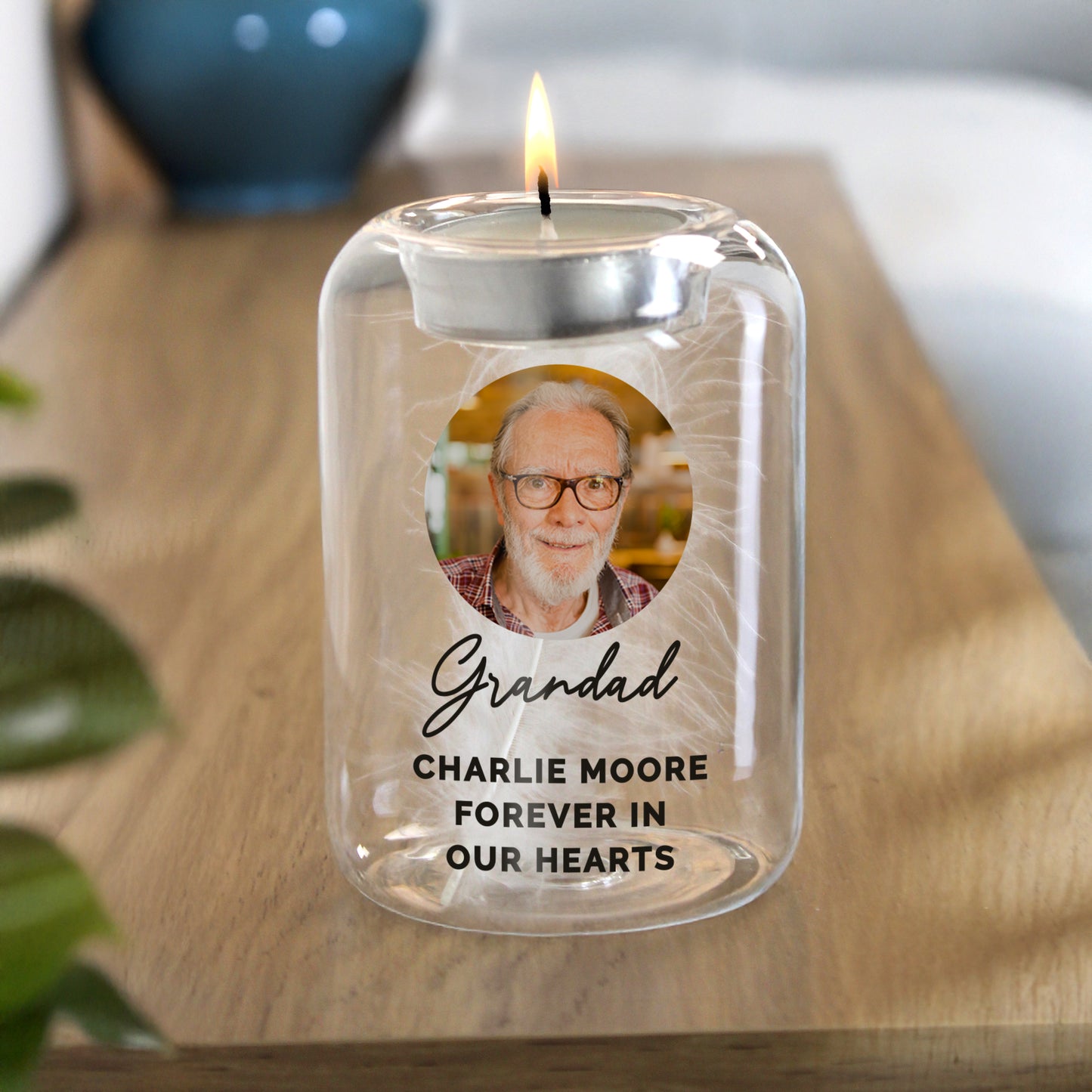 Personalised Photo Upload Memorial Feather Glass Tealight Holder – Bereavement Gift