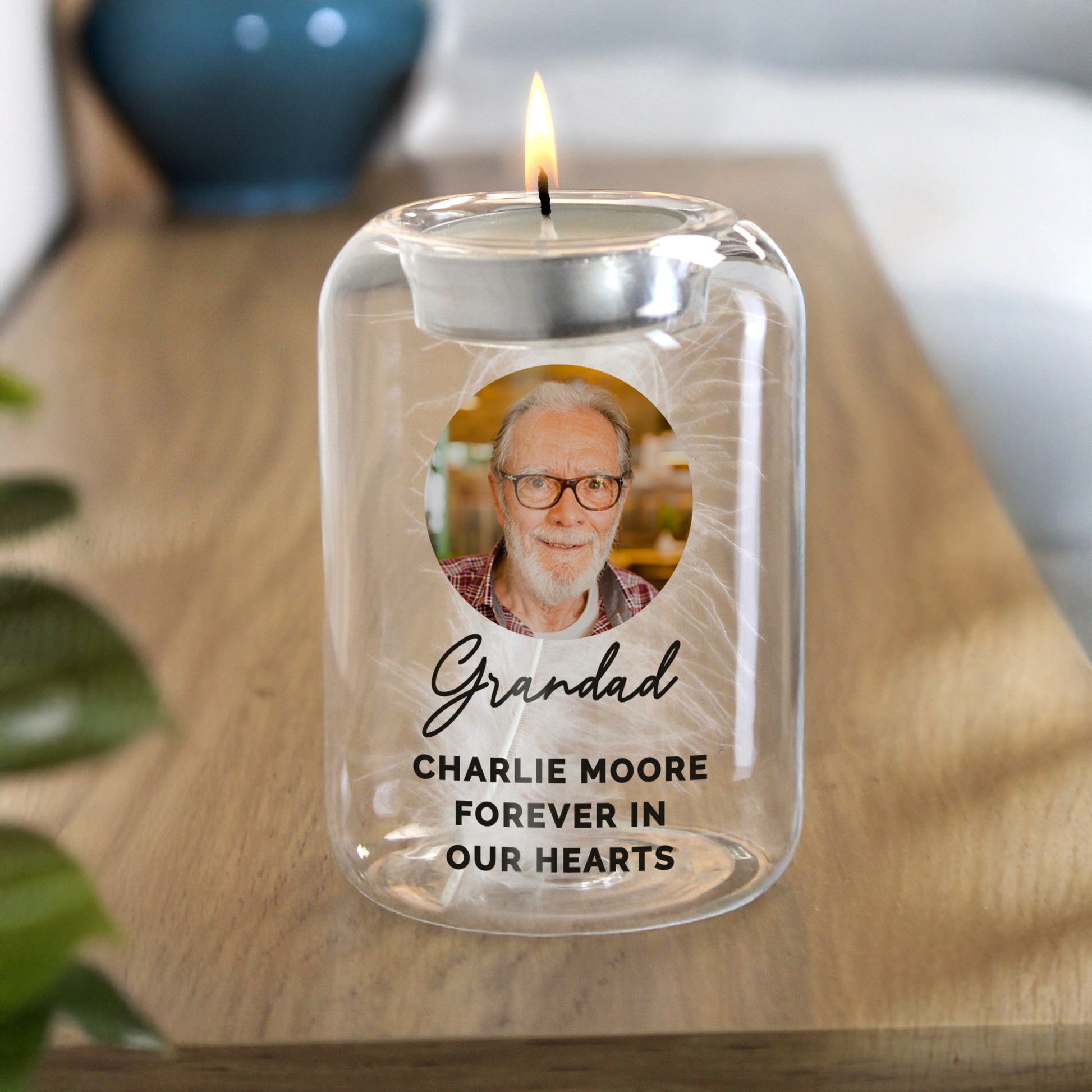 Personalised Photo Upload Memorial Feather Glass Tealight Holder – Bereavement Gift