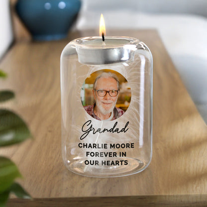 Personalised Photo Upload Memorial Feather Glass Tealight Holder – Bereavement Gift