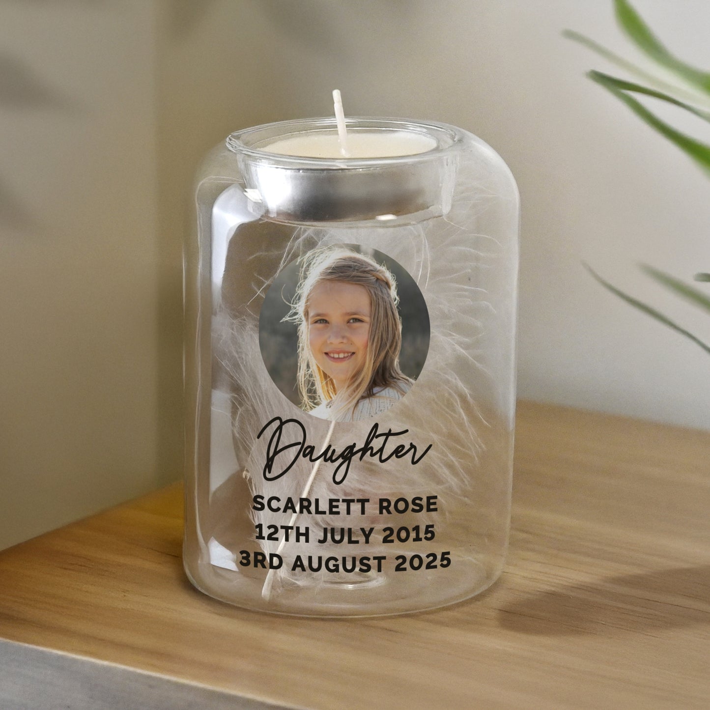 Personalised Photo Upload Memorial Feather Tealight Holder – Bereavement Gift - image 2