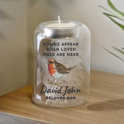 Personalised Robin Memorial Feather Glass Tealight Holder – Bereavement Christmas Gift