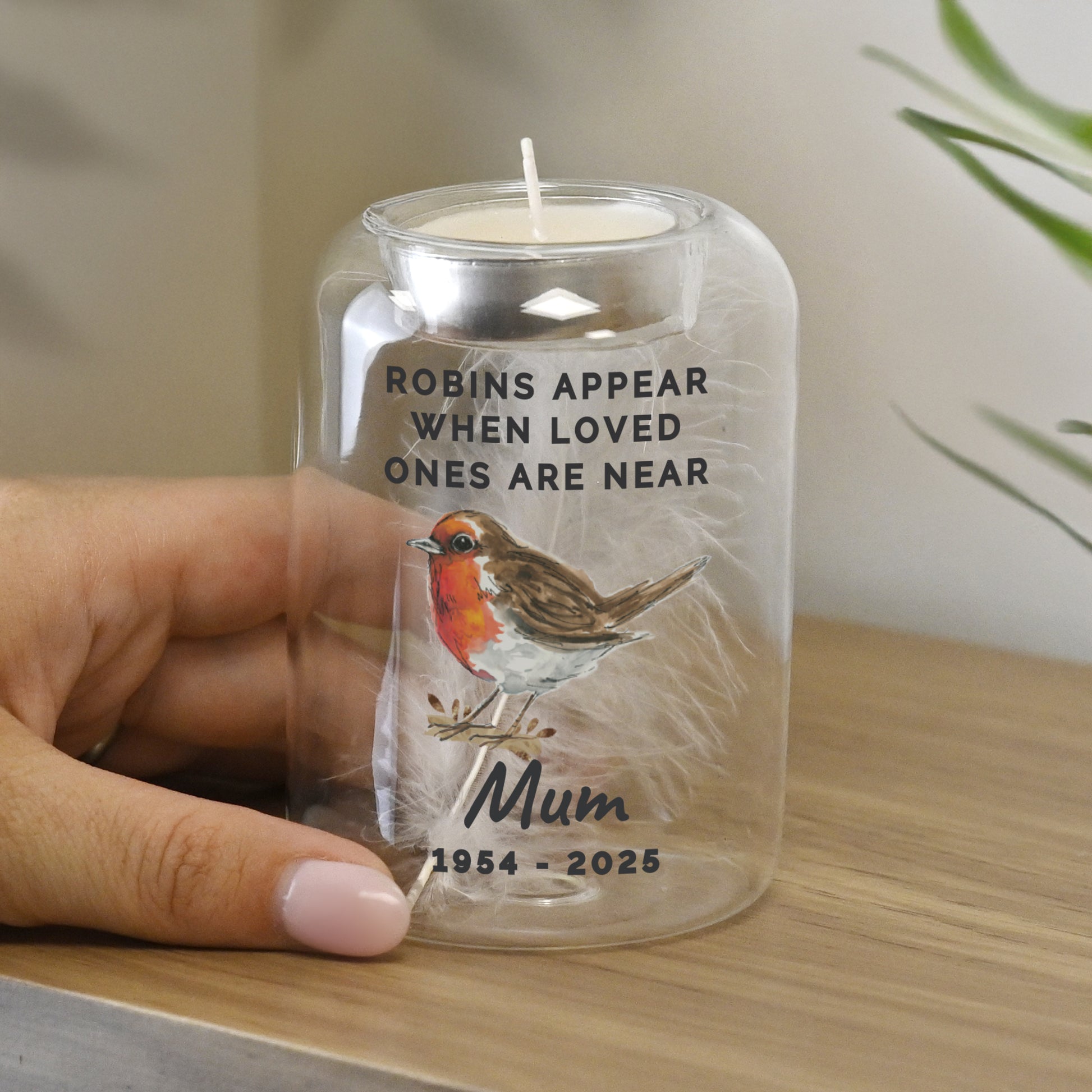 Personalised Robin Memorial Feather Tealight Holder – Bereavement Christmas Gift - image 2