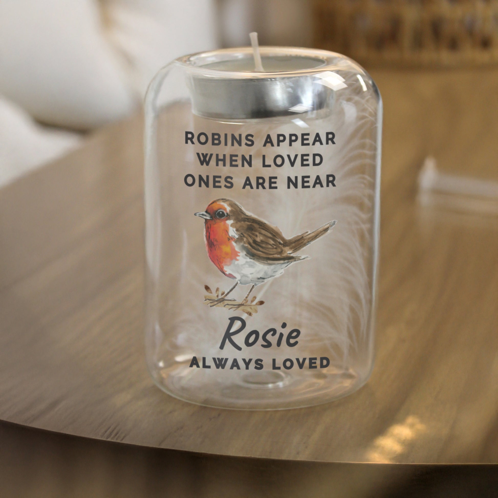 Personalised Robin Memorial Feather Tealight Holder – Bereavement Christmas Gift - image 3