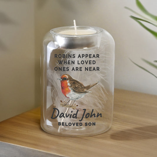 Personalised Robin Memorial Feather Tealight Holder from Heartfelt Gifts