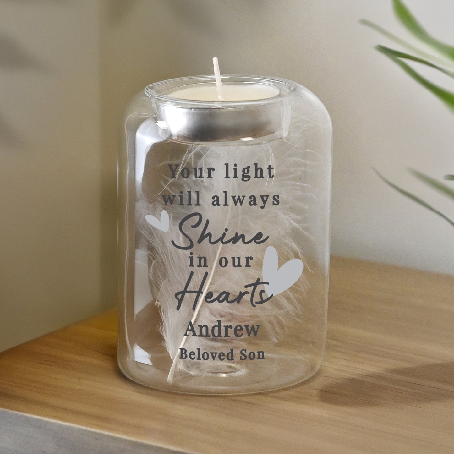 Personalised In Our Hearts Memorial Feather Tealight Holder – Bereavement Gift - image 2