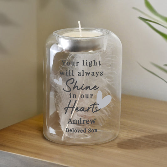 Personalised In Our Hearts Memorial Feather Tealight Holder – Bereavement Gift - image 2