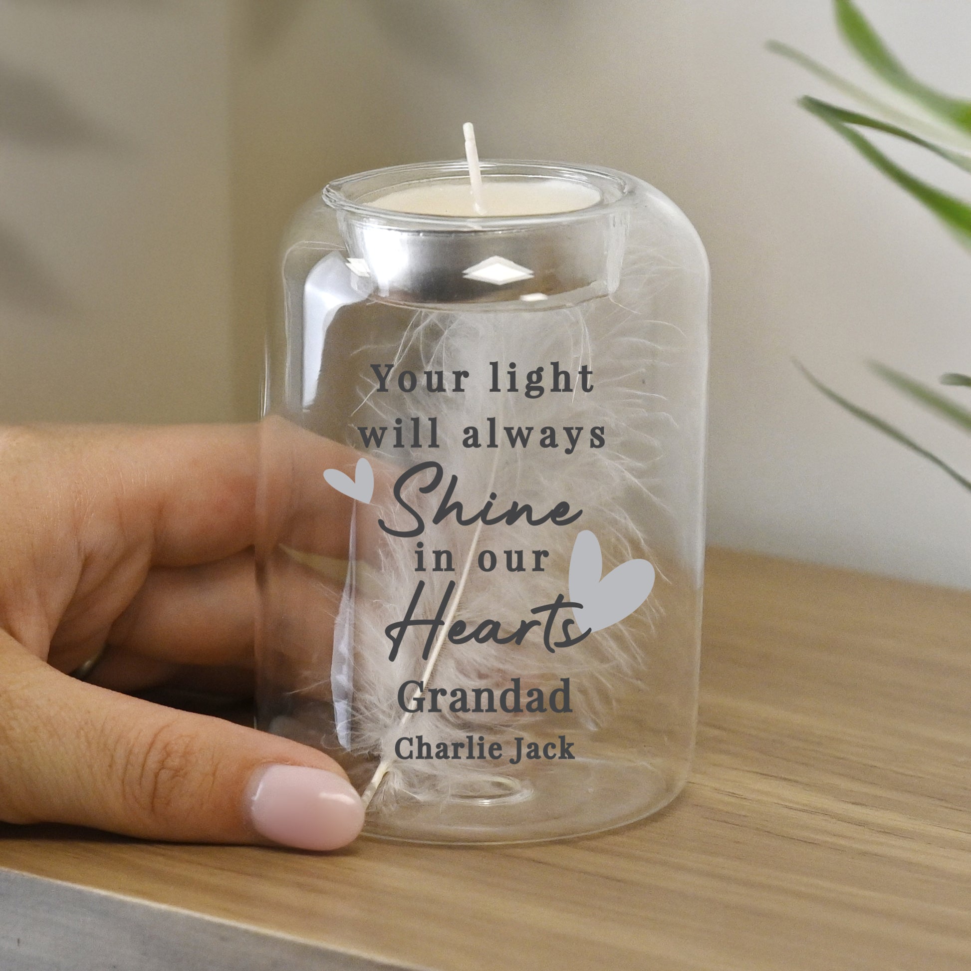 Personalised In Our Hearts Memorial Feather Tealight Holder – Bereavement Gift - image 3