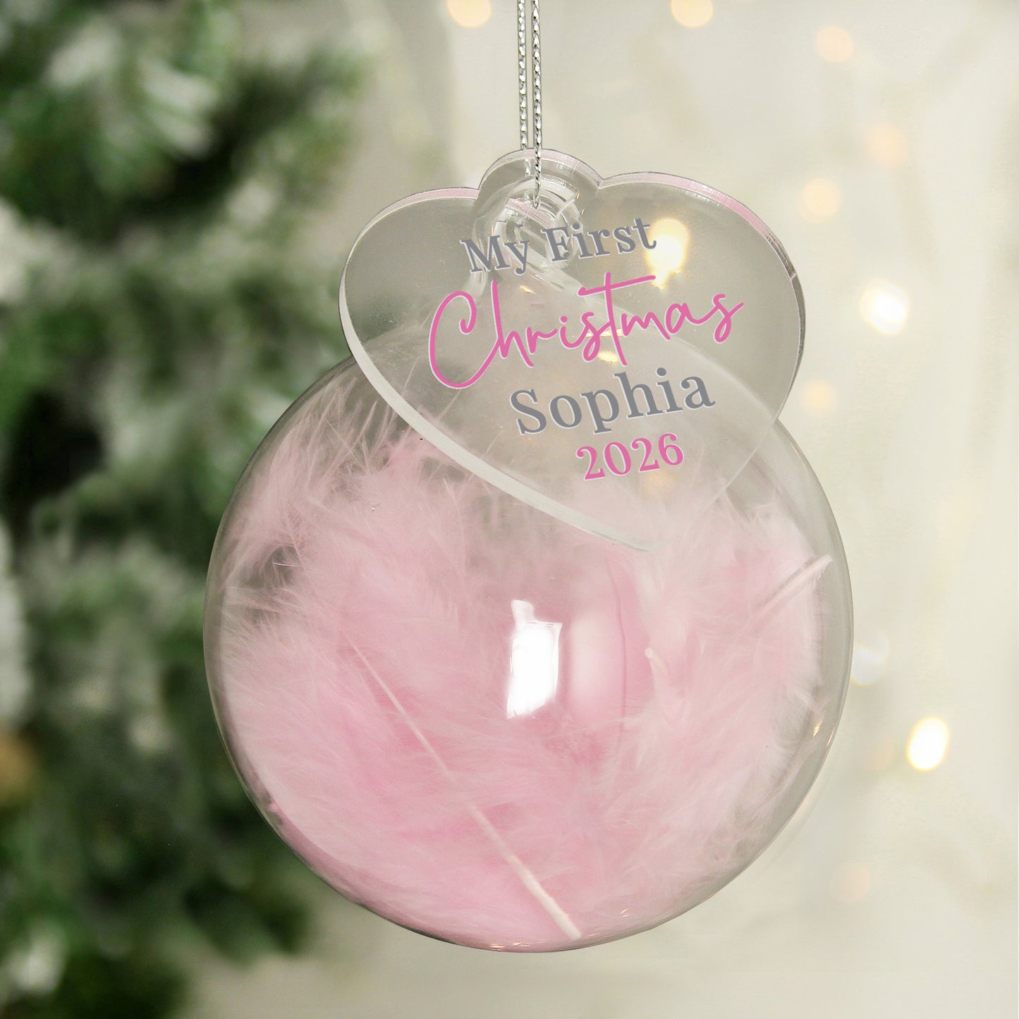 Personalised My 1st Christmas Pink Feather Glass Bauble – Baby Girl's First Christmas