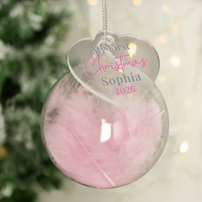Personalised My 1st Christmas Pink Feather Glass Bauble – Baby Girl's First Christmas