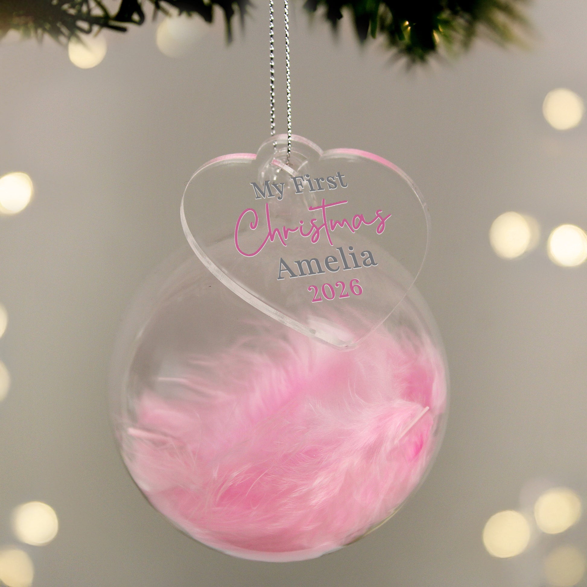Personalised My 1st Christmas Pink Feather Bauble – Baby Girl's First Christmas - image 2