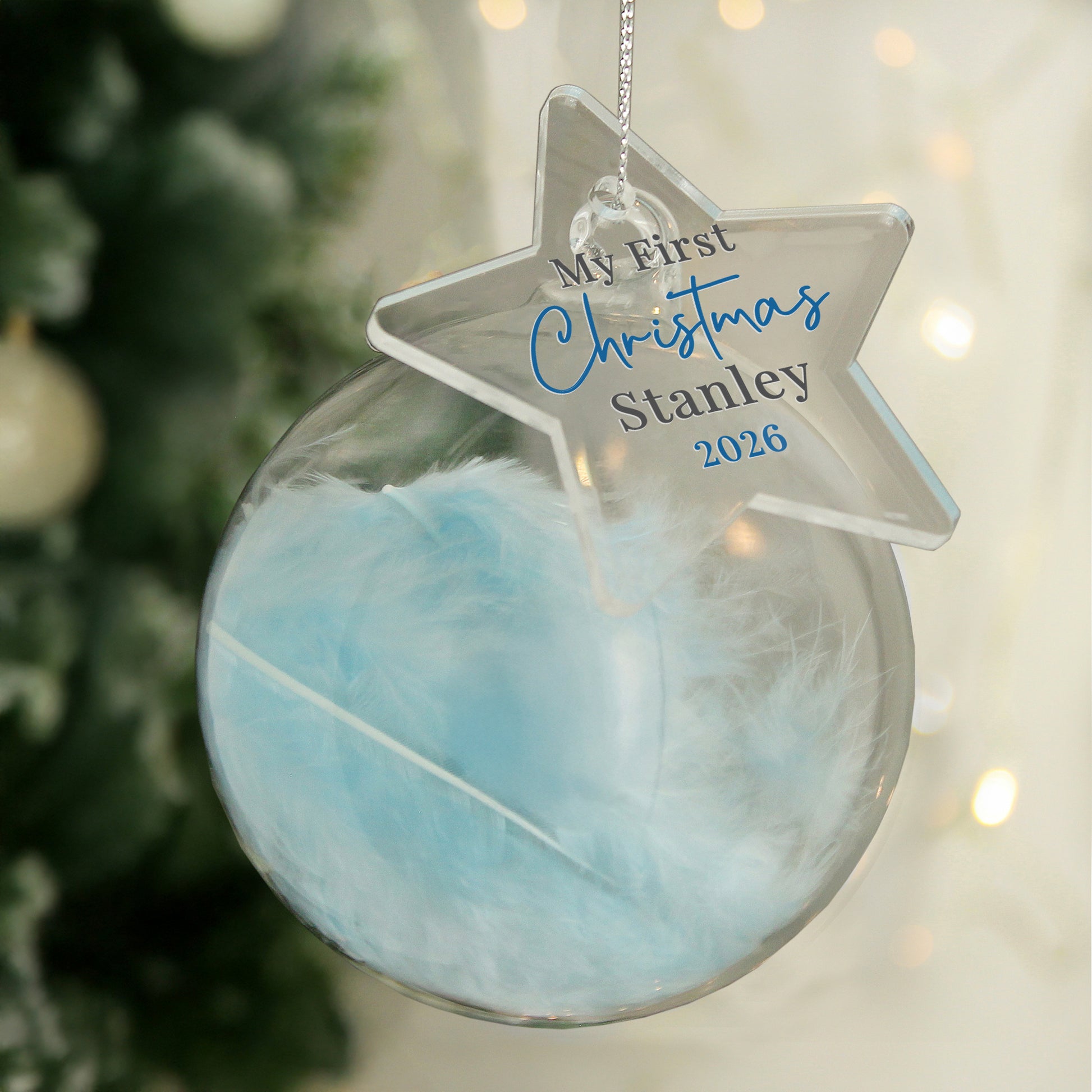 Personalised My 1st Christmas Blue Feather Glass Bauble – Baby's First Christmas Gift