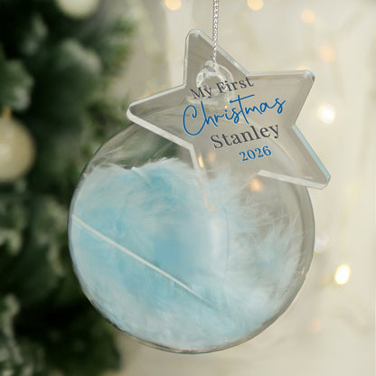Personalised My 1st Christmas Blue Feather Glass Bauble – Baby's First Christmas Gift