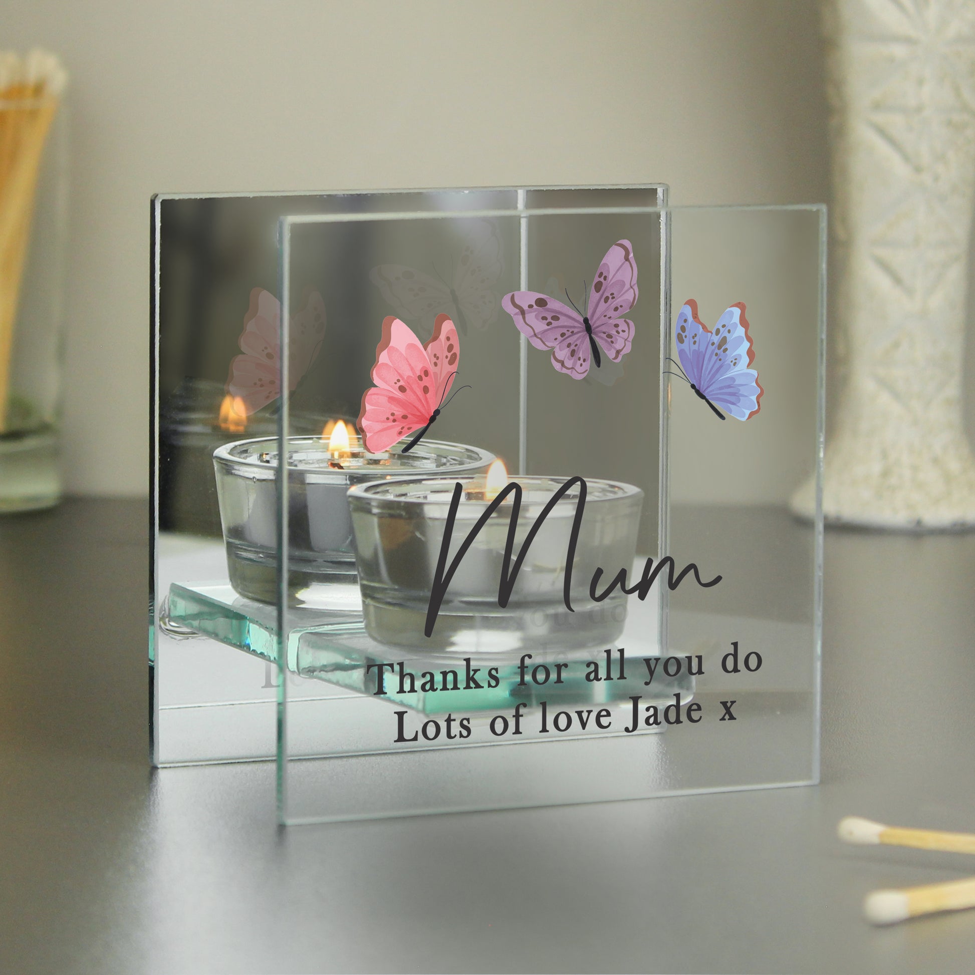 Personalised Butterfly Mirrored Tealight Holder – Birthday Gift for Her