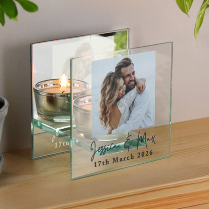 Personalised Photo Upload Mirrored Glass Tealight Holder – Birthday Memorial Gift