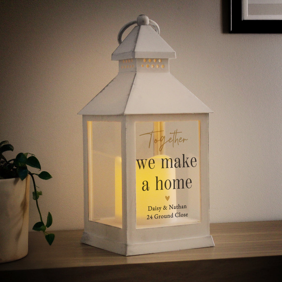 Personalised Black and Gold Free Text White Lantern – Wedding Housewarming Gift
