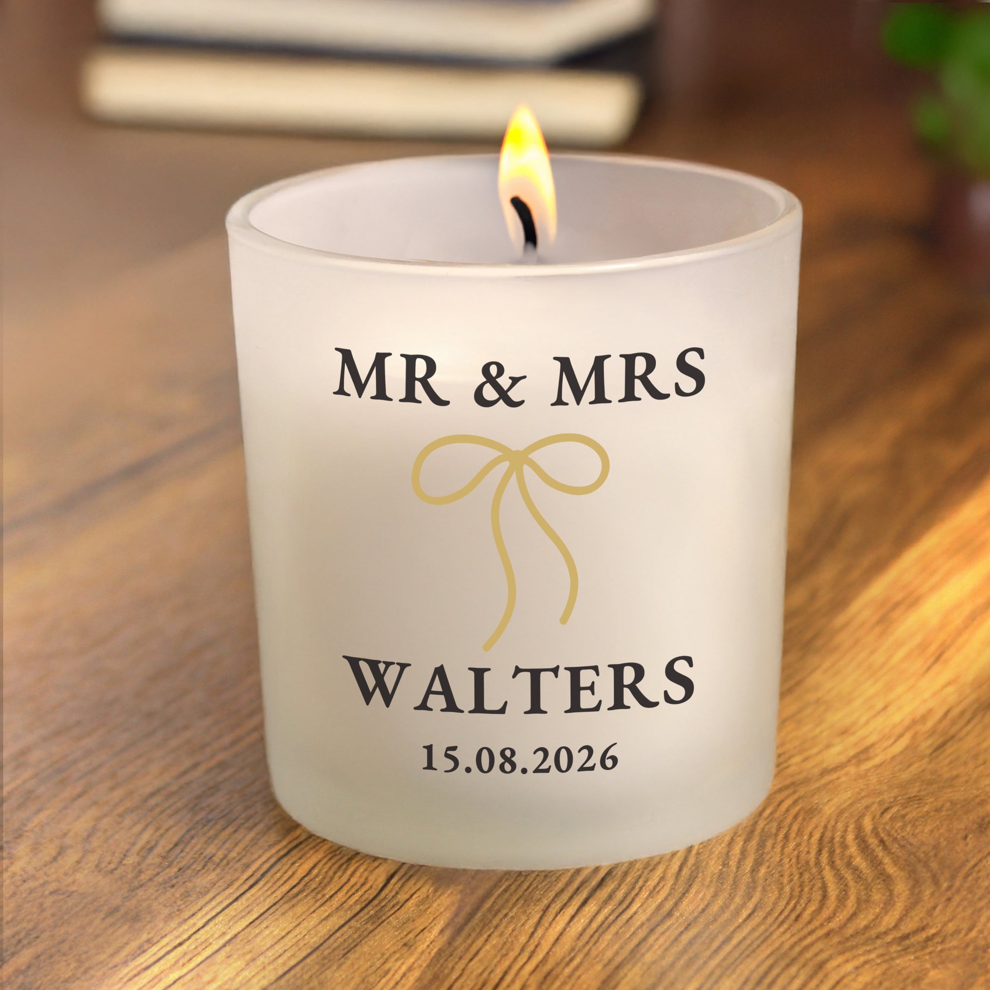 Personalised Black and Gold Bow Frosted Candle – Wedding Birthday Gift - image 2