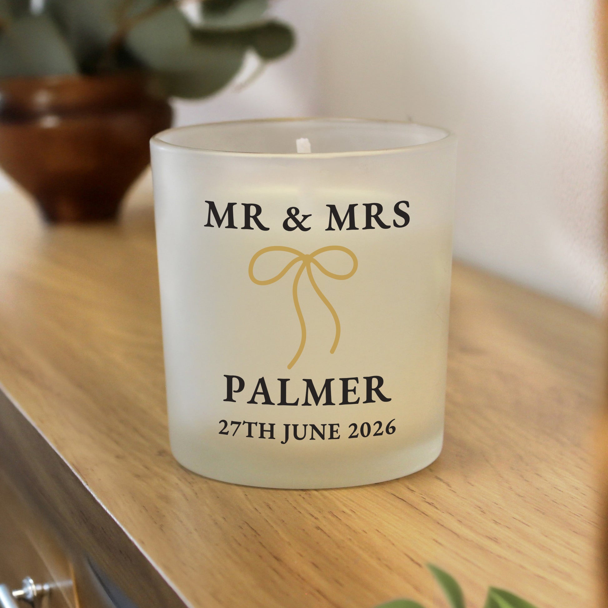 Personalised Black and Gold Bow Frosted Candle – Wedding Birthday Gift - image 3