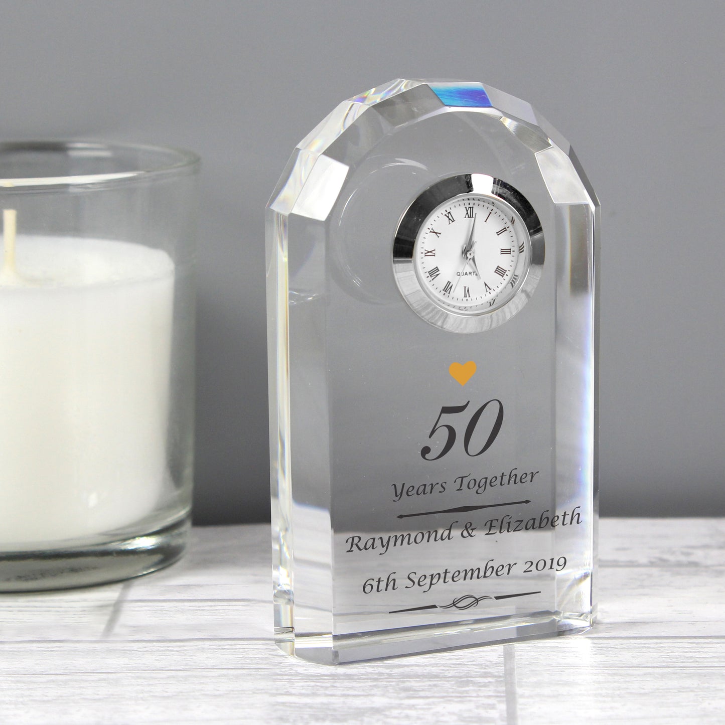 Personalised Golden Anniversary Crystal Clock from Heartfelt Gifts