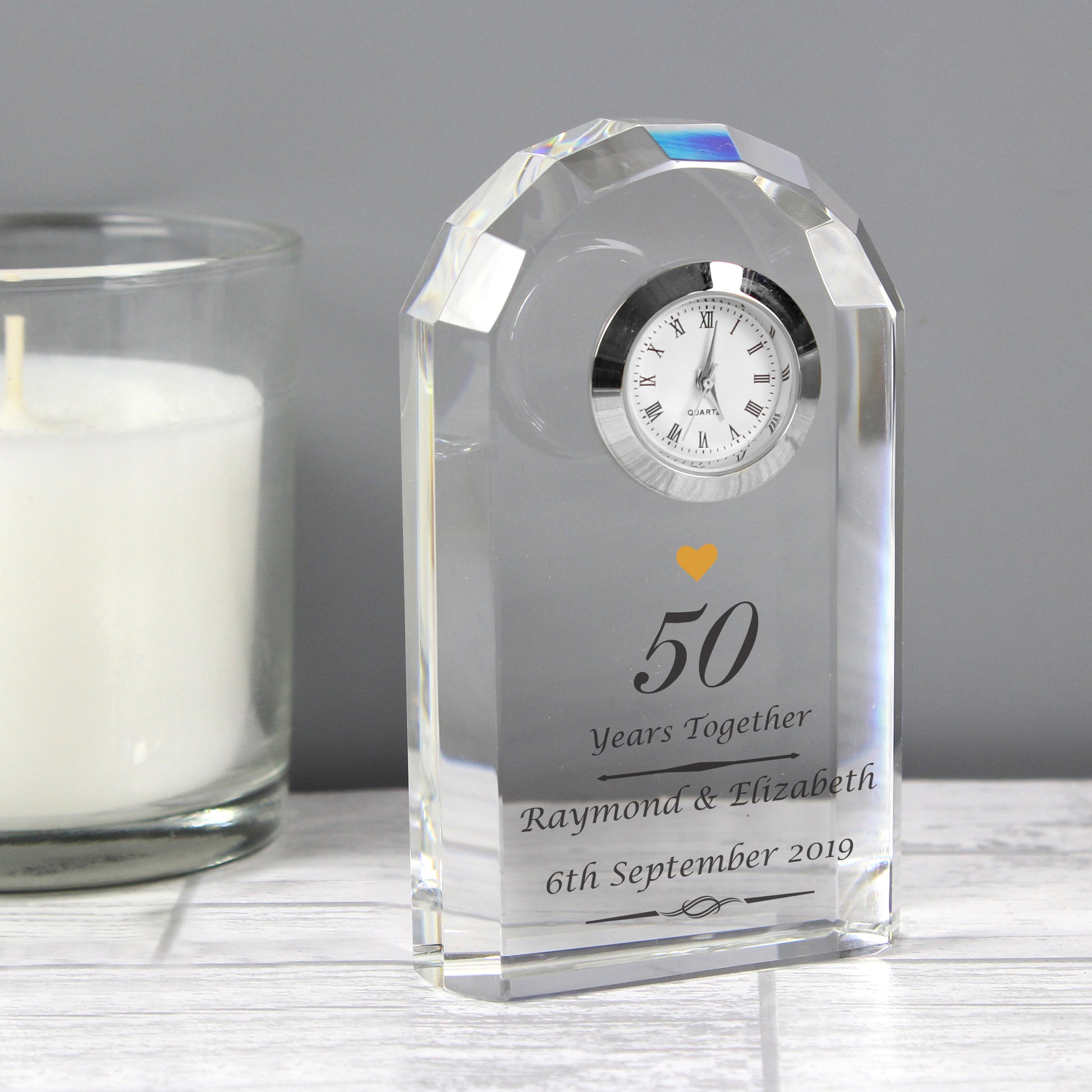 Personalised Golden Anniversary Crystal Clock from Heartfelt Gifts