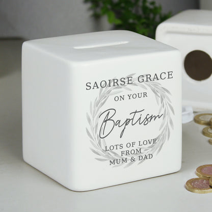 Personalised Wreath Ceramic Square Money Box – New Baby Christening Gift