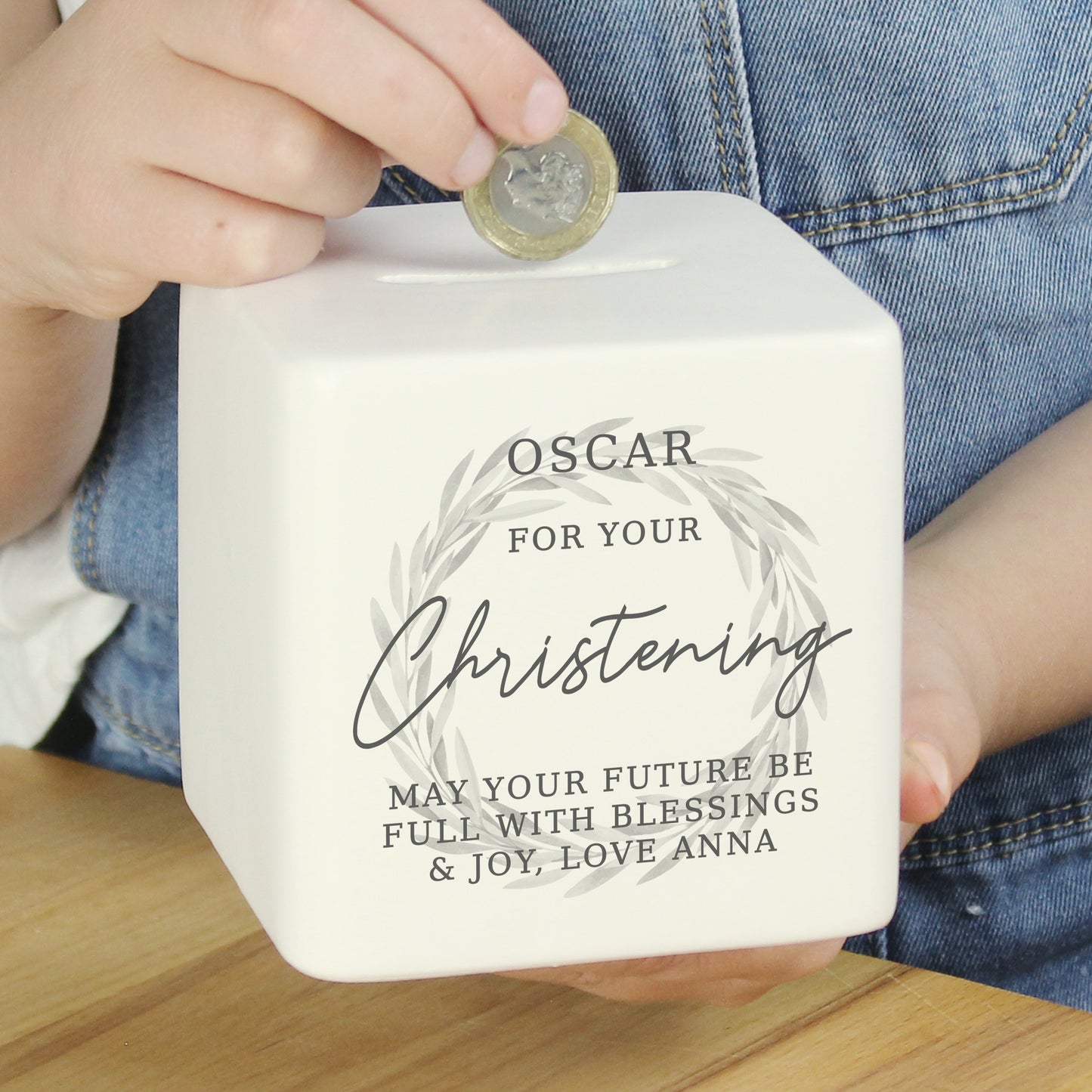 Personalised Wreath Ceramic Square Money Box – New Baby Christening Gift - image 2