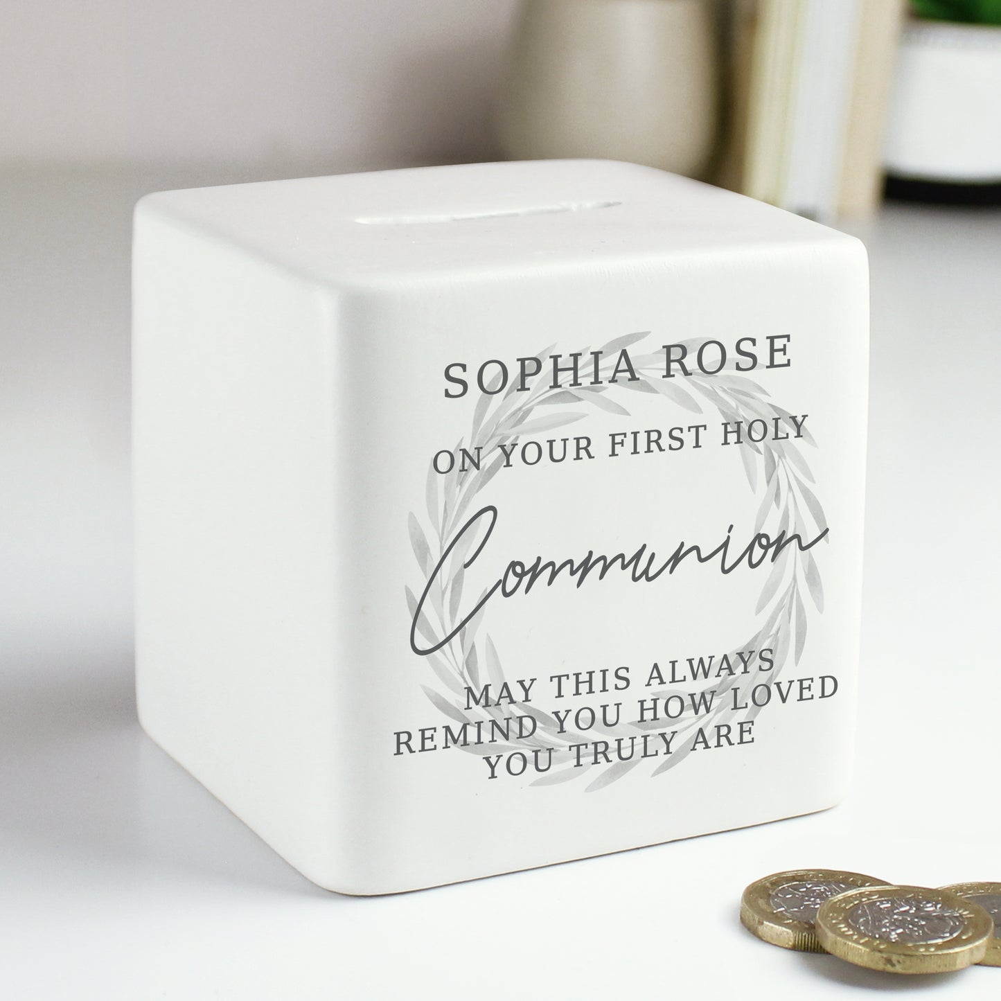 Personalised Wreath Ceramic Square Money Box – New Baby Christening Gift - image 3