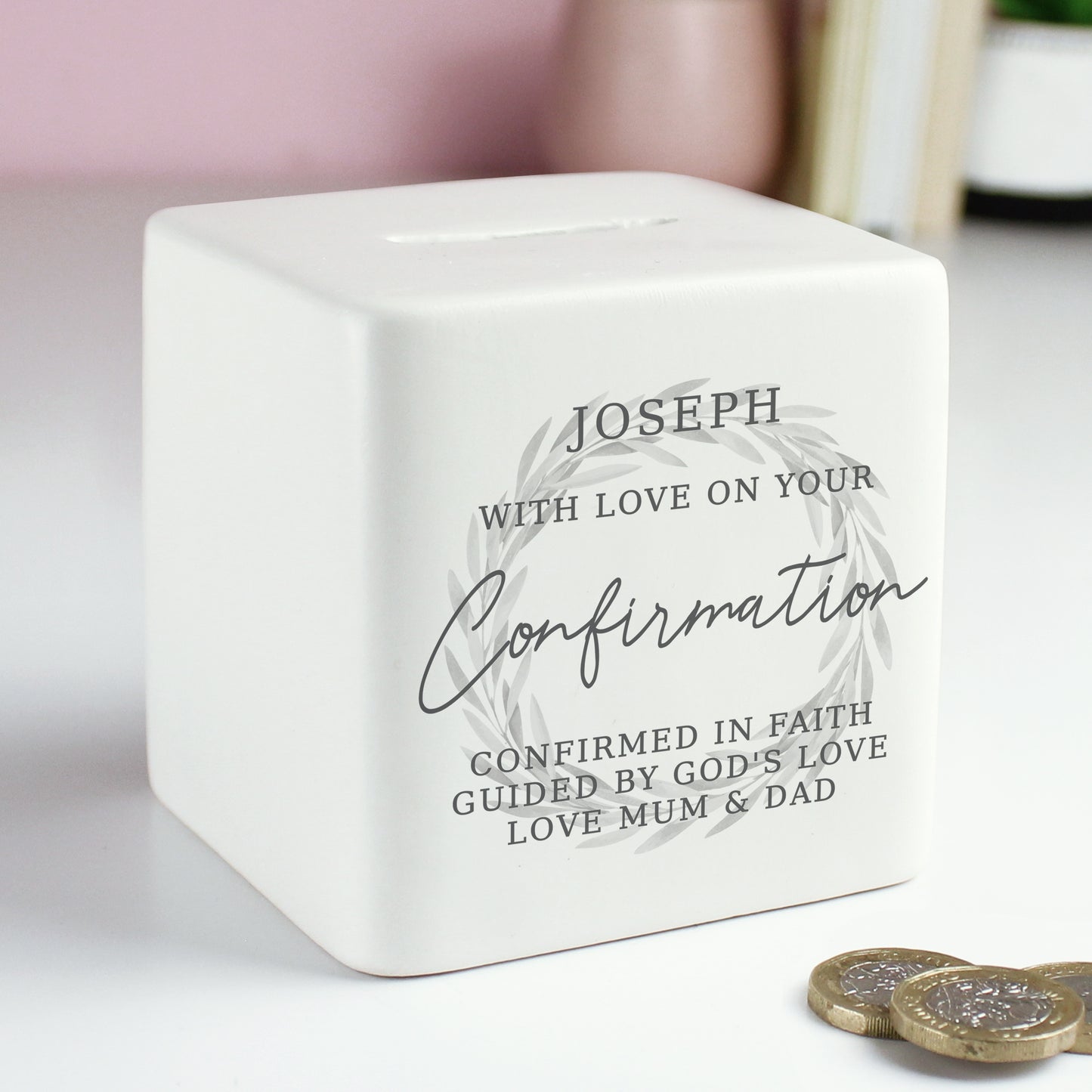 Personalised Wreath Ceramic Square Money Box – New Baby Christening Gift - image 4