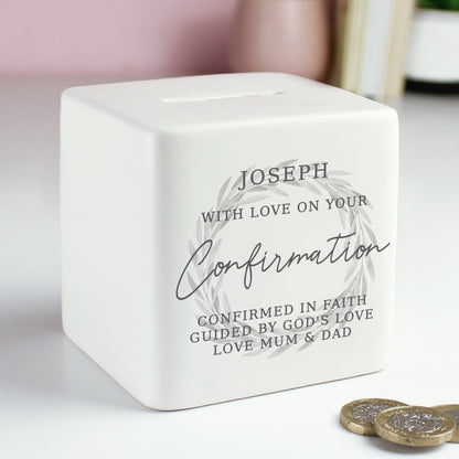 Personalised Wreath Ceramic Square Money Box – New Baby Christening Gift - image 4