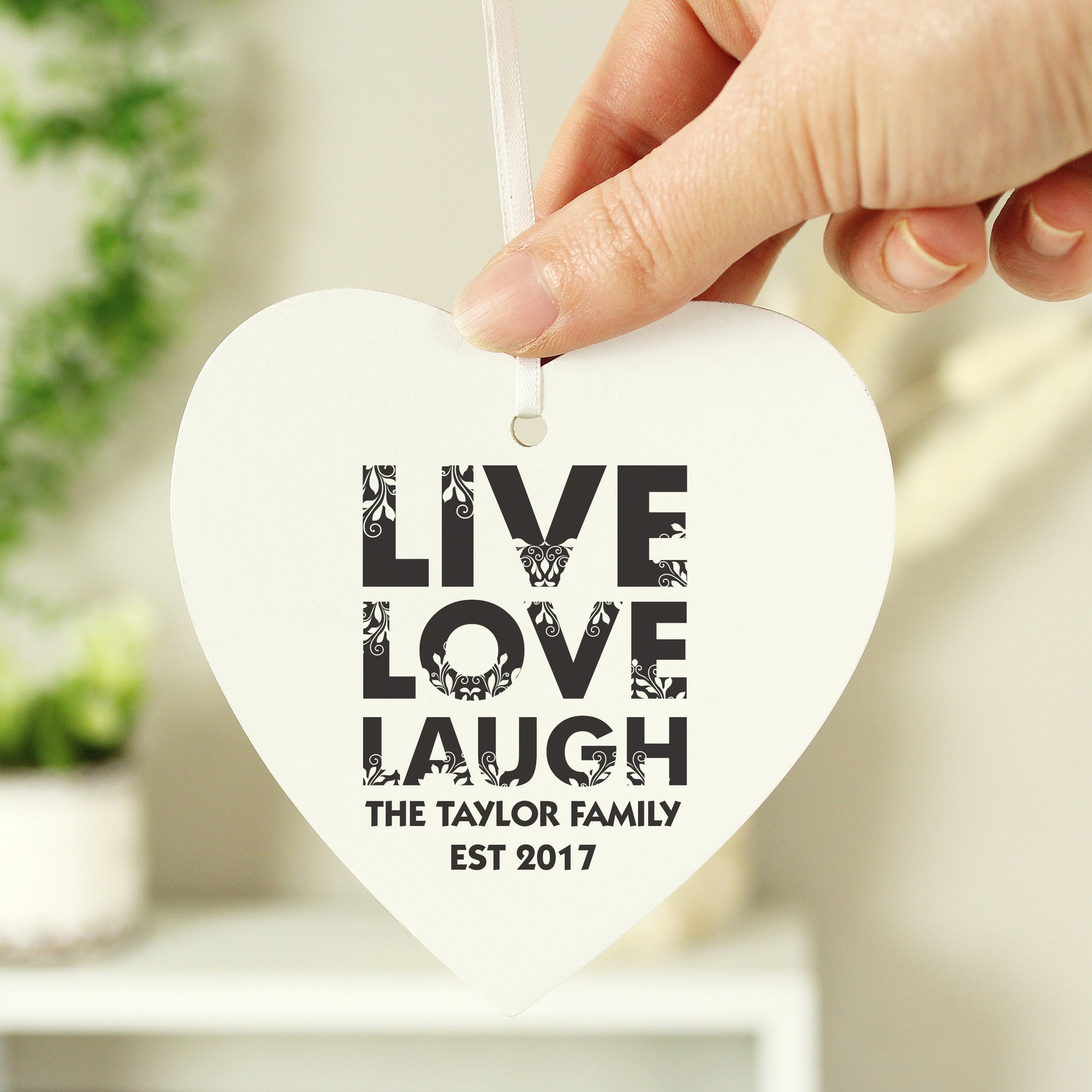 Personalised Live Love Laugh Wooden Heart Decoration - image 2