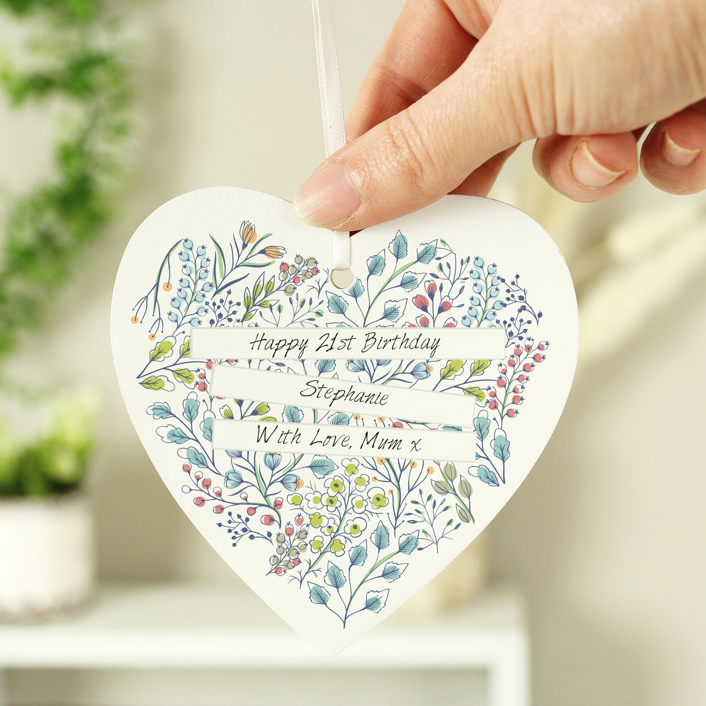 Personalised Botanical Scroll Wooden Heart Decoration from Heartfelt Gifts