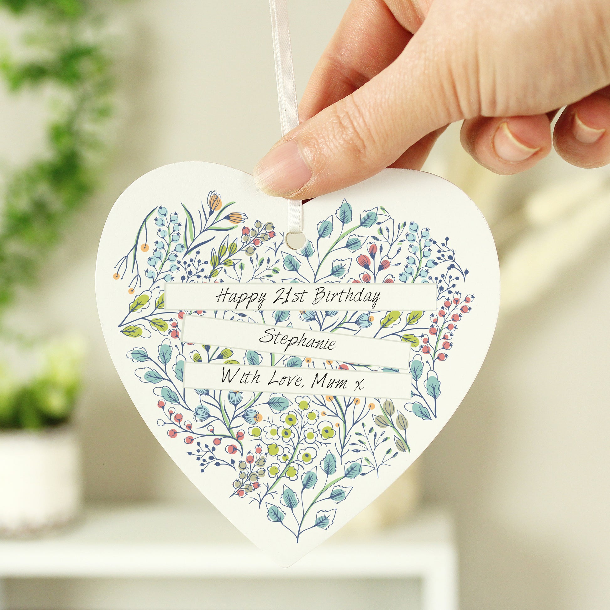 Personalised Botanical Scroll Wooden Heart Decoration from Heartfelt Gifts