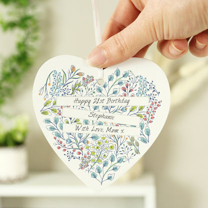Personalised Botanical Scroll Wooden Heart Decoration from Heartfelt Gifts