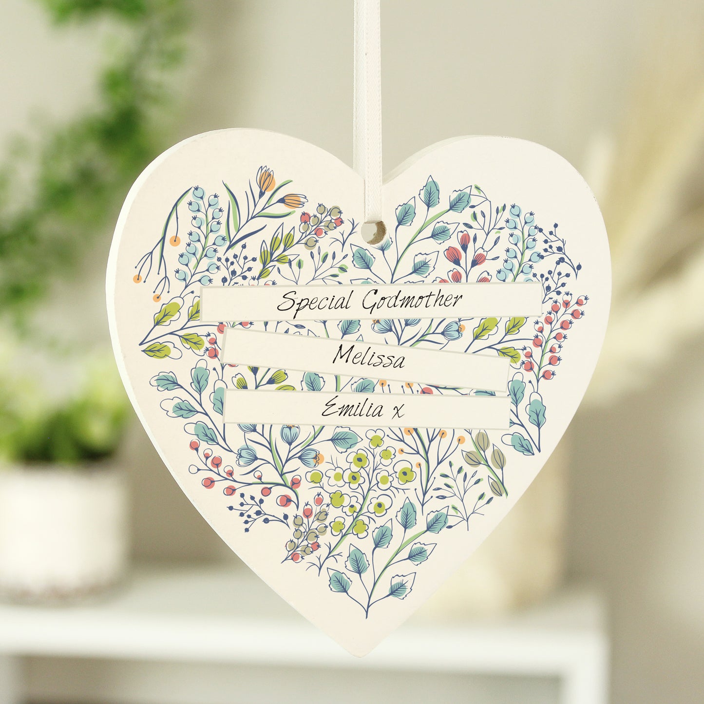 Personalised Botanical Scroll Wooden Heart Decoration - image 2