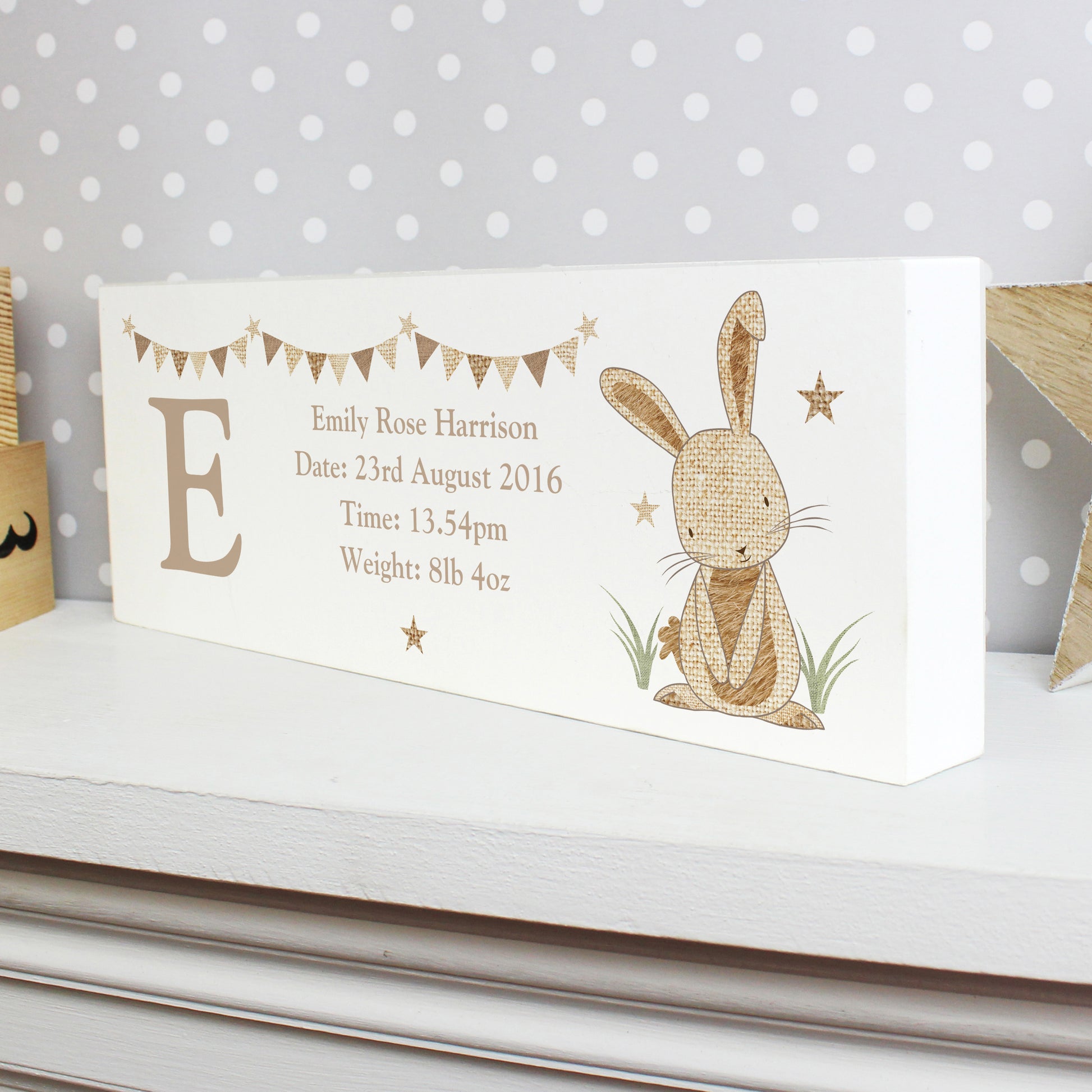Personalised Hessian Rabbit Wooden Mantel Decoration from Heartfelt Gifts