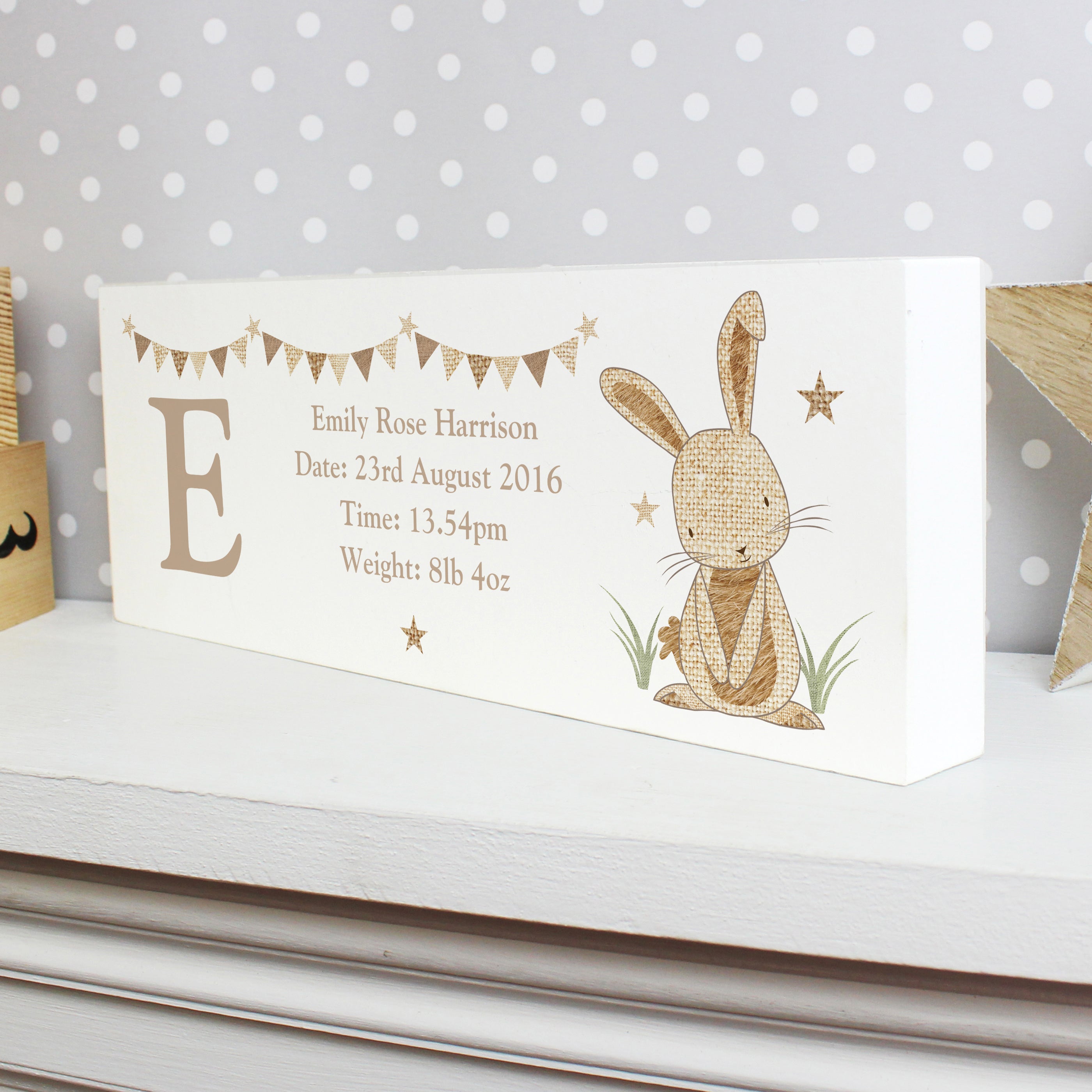 Personalised Hessian Rabbit Wooden Mantel Decoration from Heartfelt Gifts