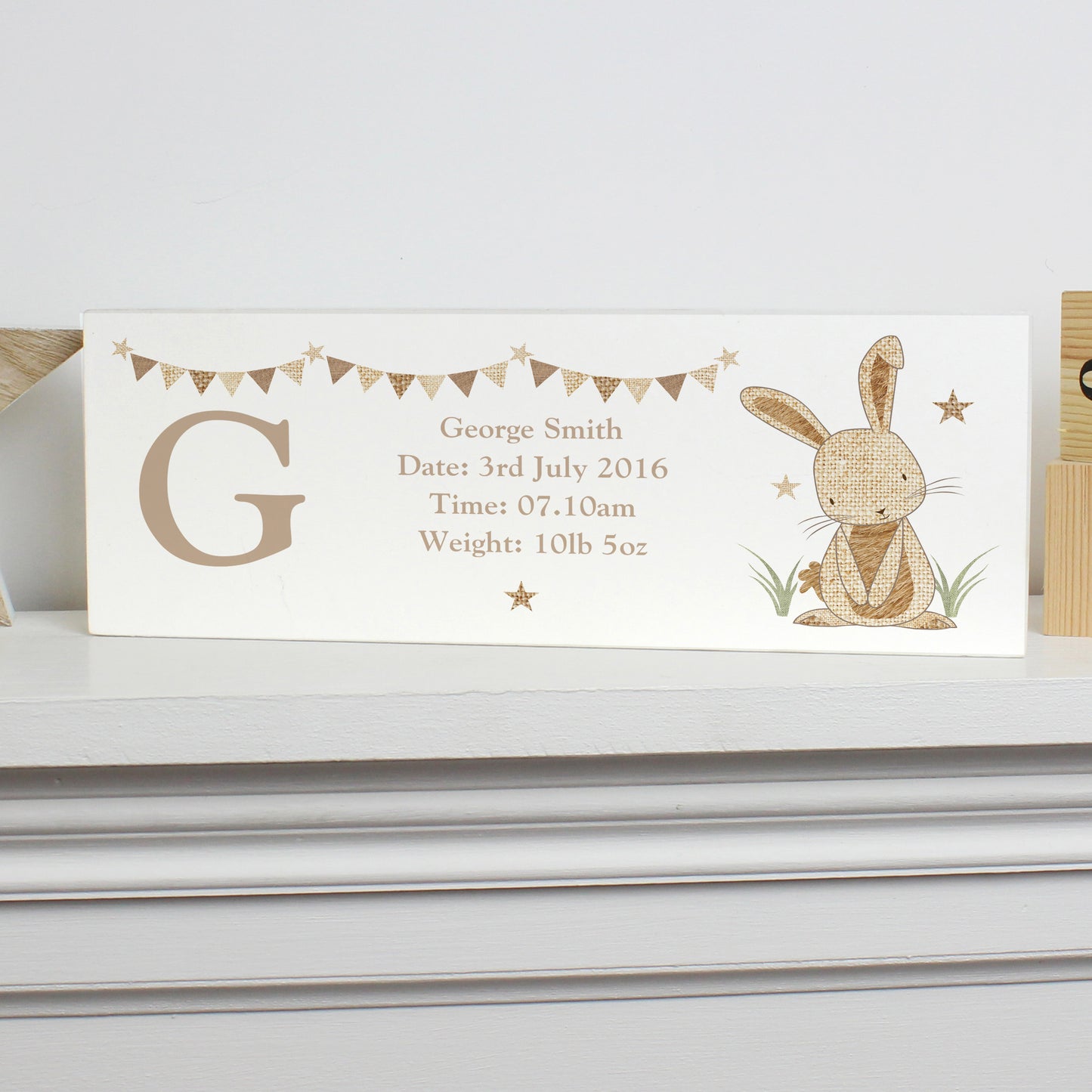 Personalised Hessian Rabbit Wooden Mantel Decoration - image 3