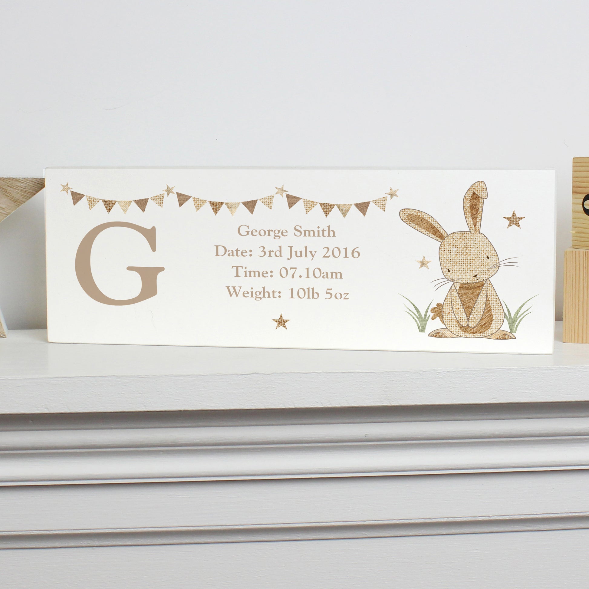 Personalised Hessian Rabbit Wooden Mantel Decoration - image 3