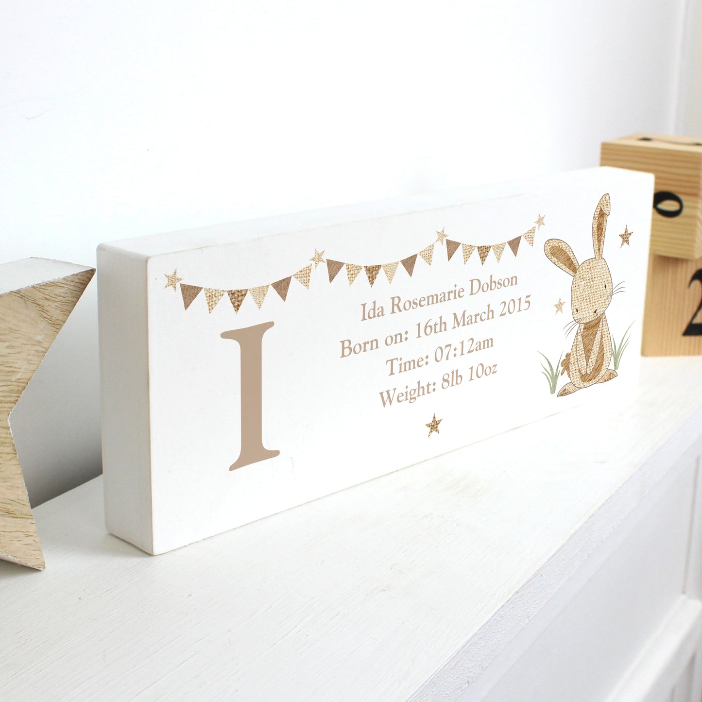 Personalised Hessian Rabbit Wooden Mantel Decoration - image 4