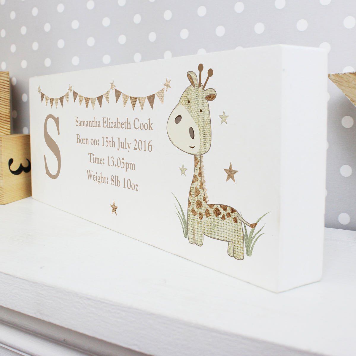 Personalised Hessian Giraffe Wooden Mantel Decoration from Heartfelt Gifts