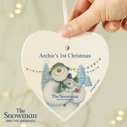 Personalised The Snowman and the Snowdog Wooden Heart Decoration - image 2