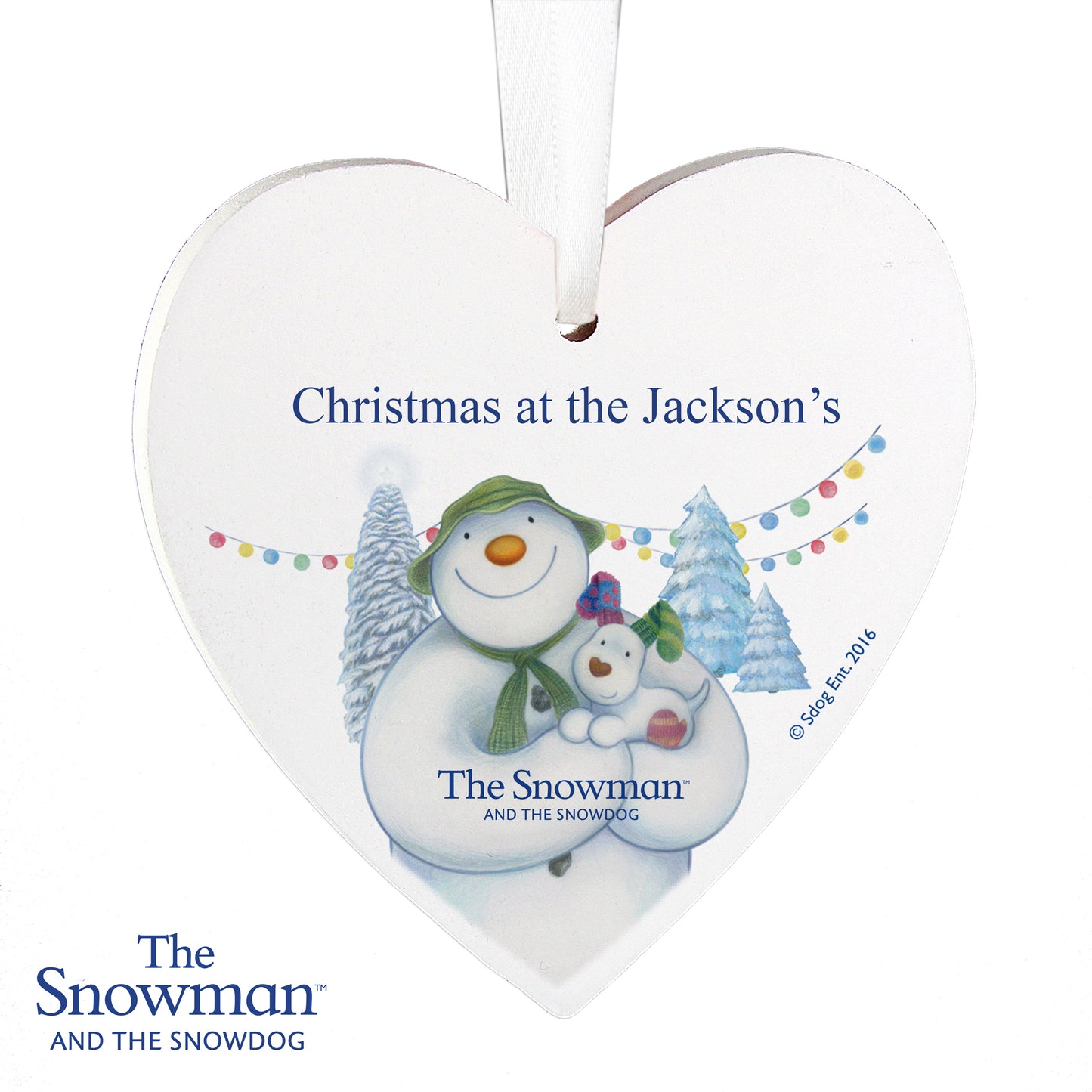 Personalised The Snowman and the Snowdog Wooden Heart Decoration - image 3