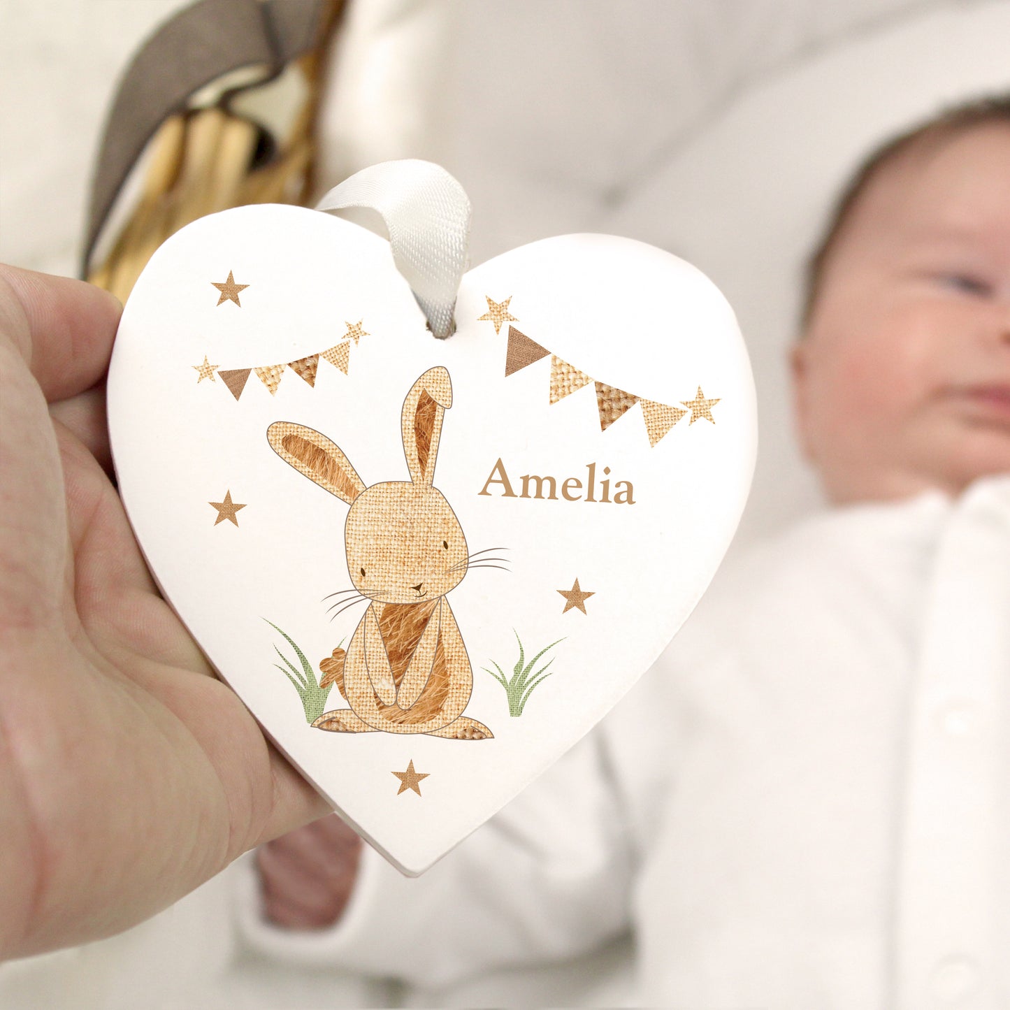 Personalised Hessian Rabbit Wooden Heart Decoration - image 2