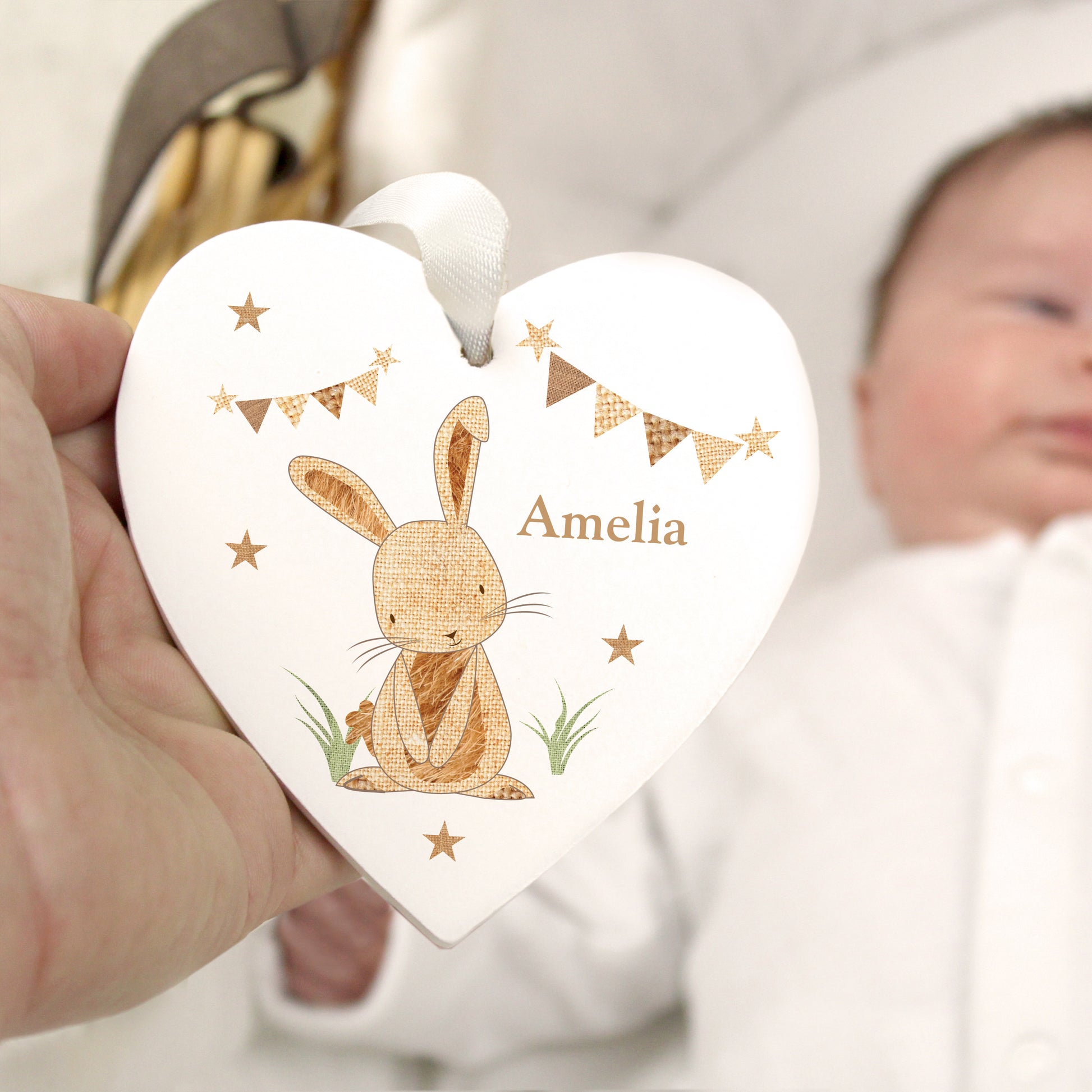 Personalised Hessian Rabbit Wooden Heart Decoration - image 2